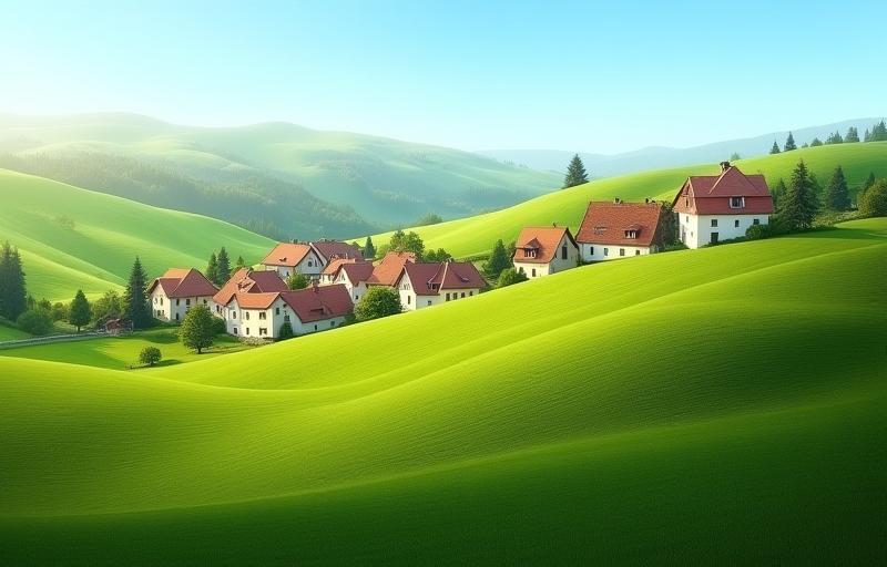 Rolling hills and a small village in the Austrian countryside
